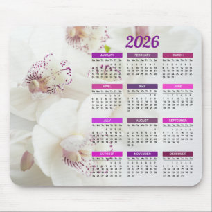 Alfombrilla De Ratón Calendario Elegante de Orquídeas Blancas y Púrpura