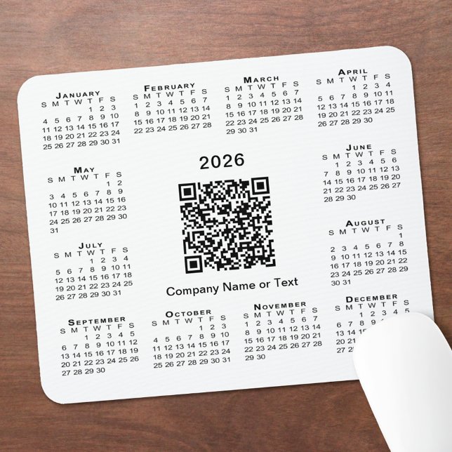 Alfombrilla De Ratón Calendario empresarial simple de 2026 con código Q (Simple 2026 Calendar Business QR Code on White Mouse Pad, in situ)