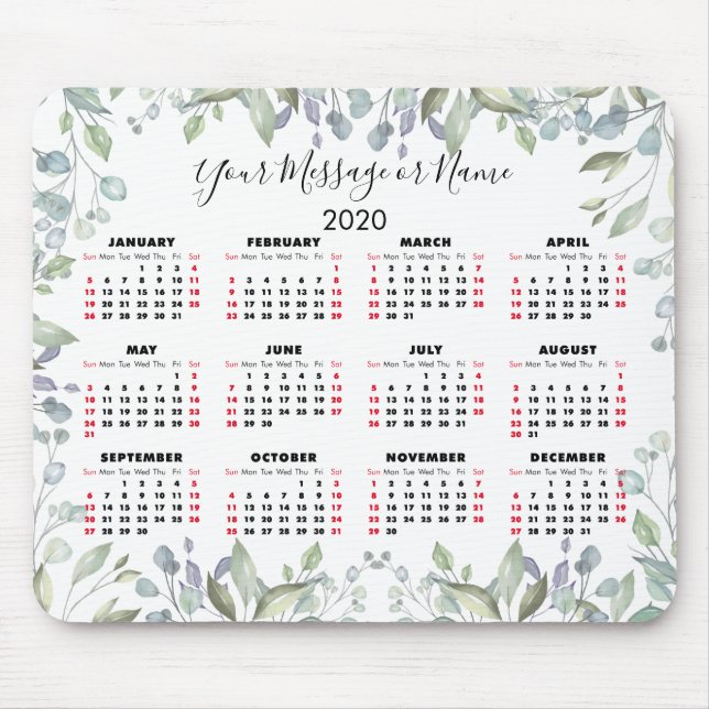 Alfombrilla De Ratón Calendario Floral 2020 Su mensaje o nombre (Frente)