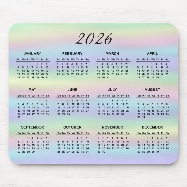 Alfombrilla De Ratón Calendario Holográfico Pastel Rainbow 2026 (Frente)
