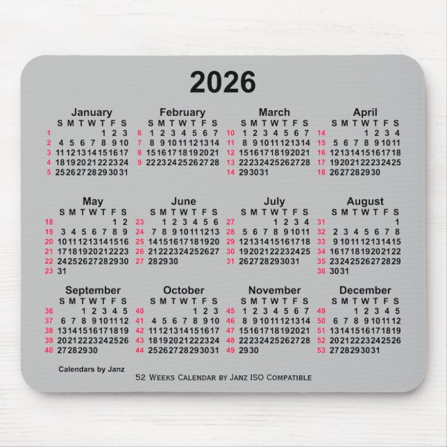 Alfombrilla De Ratón Calendario ISO 2026 Silver de 52 semanas, de Janz (Frente)