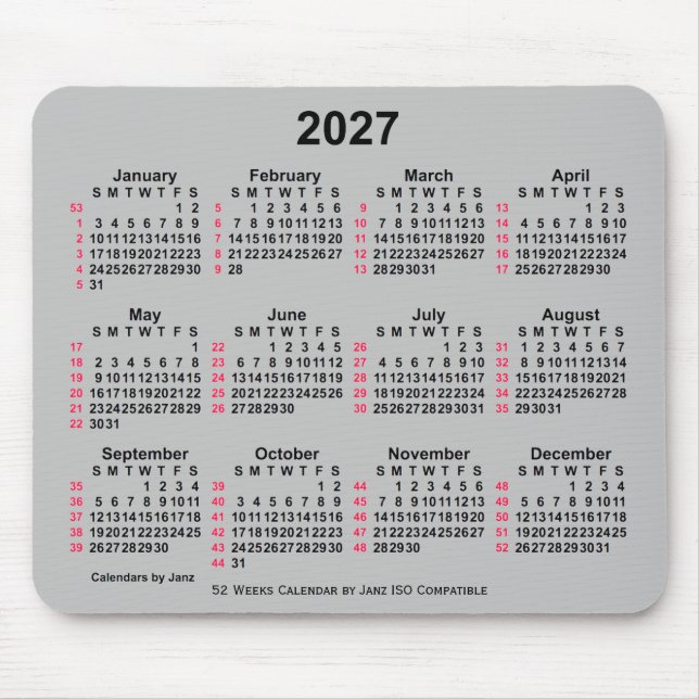 Alfombrilla De Ratón Calendario ISO 2027 Silver de 52 semanas, de Janz (Frente)