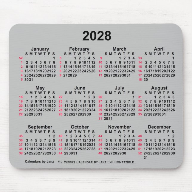Alfombrilla De Ratón Calendario ISO 2028 Silver de 52 semanas, de Janz (Frente)