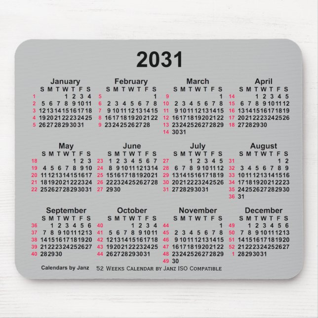 Alfombrilla De Ratón Calendario ISO 2031 Plata 52 semanas de Janz (Frente)