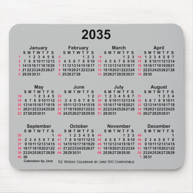 Alfombrilla De Ratón Calendario ISO 2035 Silver de 52 semanas, de Janz (Frente)