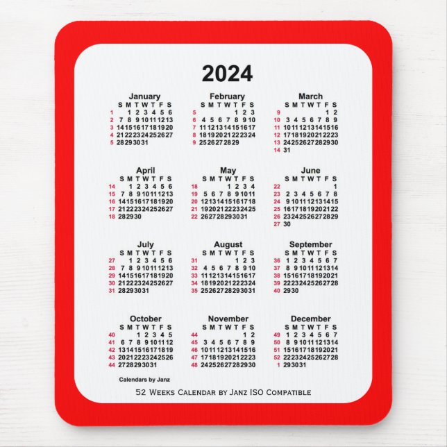 Alfombrilla De Ratón Calendario ISO de 2024 Red 52 semanas de Janz Two  (Frente)