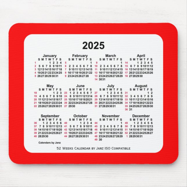 Alfombrilla De Ratón Calendario ISO de 2025 Red 52 semanas de Janz Two  (Frente)