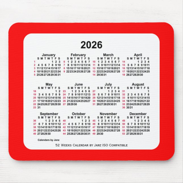 Alfombrilla De Ratón Calendario ISO de 2026 rojo de 52 semanas de Janz  (Frente)