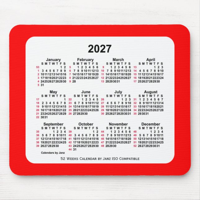 Alfombrilla De Ratón Calendario ISO de 2027 Red 52 semanas de Janz Two  (Frente)