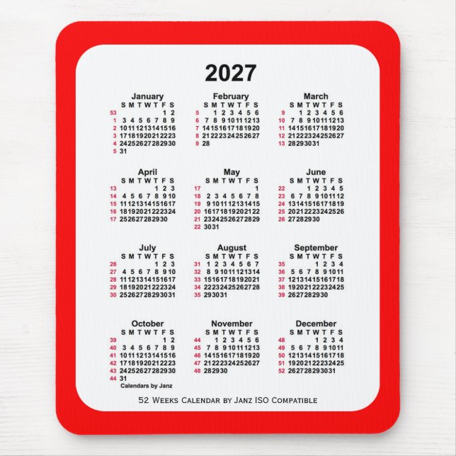Alfombrilla De Ratón Calendario ISO de 2027 Red 52 semanas de Janz Two  (Frente)