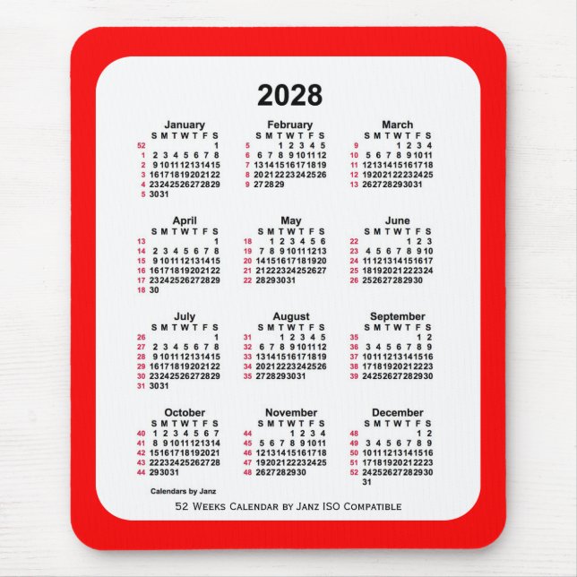Alfombrilla De Ratón Calendario ISO de 2028 Red 52 semanas de Janz Two  (Frente)