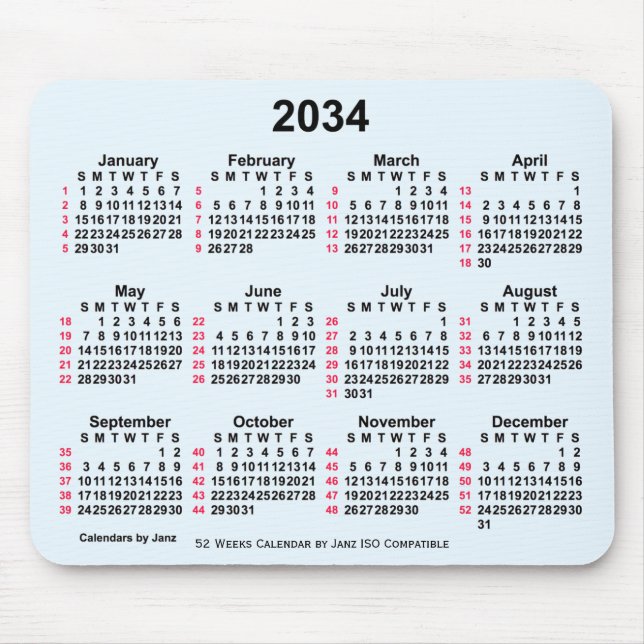 Alfombrilla De Ratón Calendario ISO de 2034 Alice Blue 52 semanas de Ja (Frente)