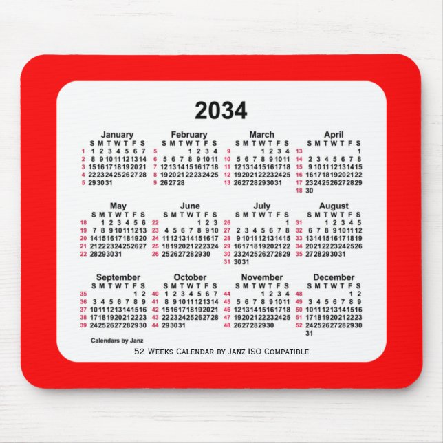 Alfombrilla De Ratón Calendario ISO de 2034 Red 52 semanas de Janz Two  (Frente)