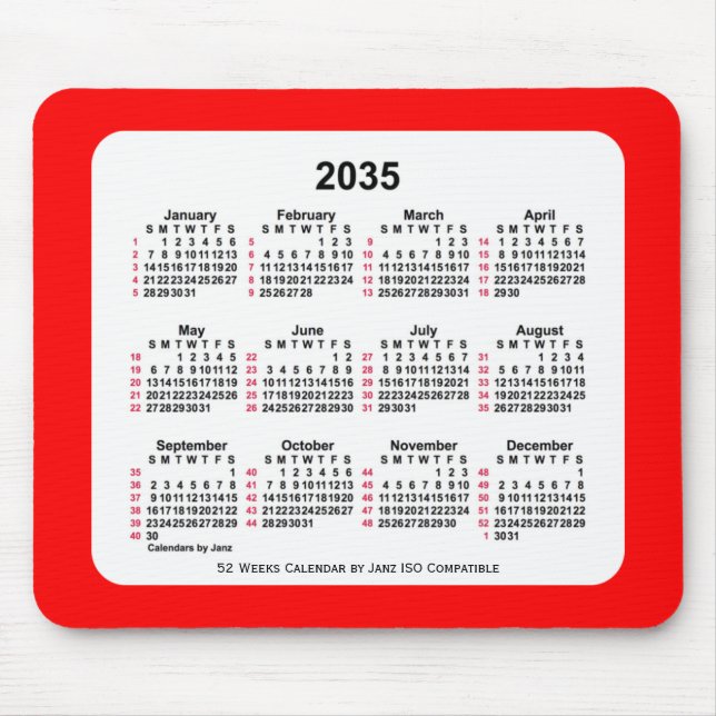 Alfombrilla De Ratón Calendario ISO de 2035 Red 52 semanas de Janz Two  (Frente)