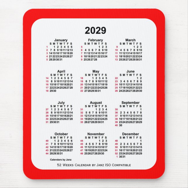 Alfombrilla De Ratón Calendario ISO de 52 semanas de la Red 2029 de Jan (Frente)