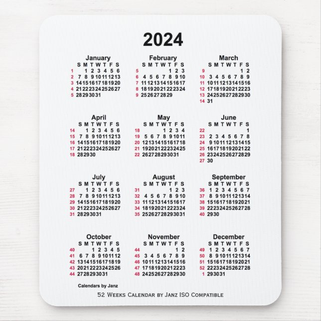 Alfombrilla De Ratón Calendario ISO de 52 semanas en blanco 2024 de Jan (Frente)