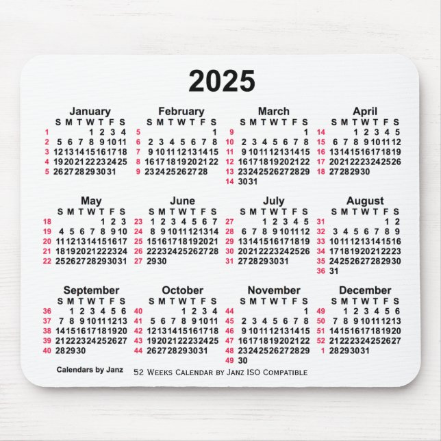 Alfombrilla De Ratón Calendario ISO de 52 semanas en blanco 2025 de Jan (Frente)