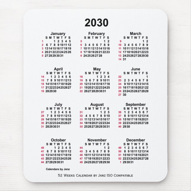 Alfombrilla De Ratón Calendario ISO de 52 semanas en blanco de 2030 de  (Frente)
