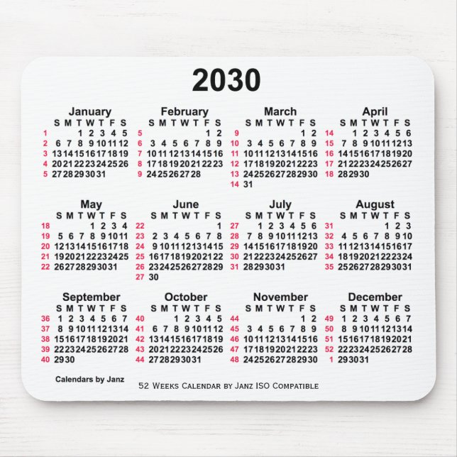 Alfombrilla De Ratón Calendario ISO de 52 semanas en blanco de 2030 de  (Frente)