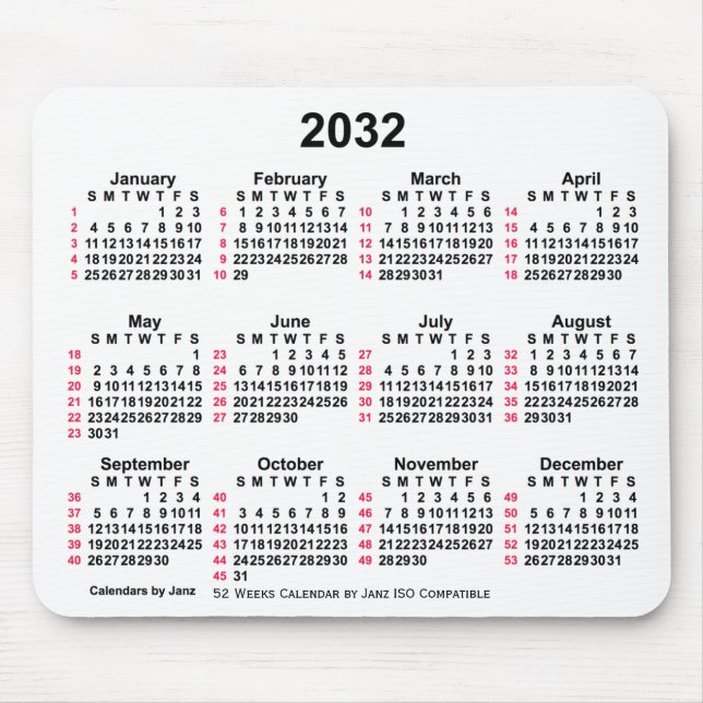 Alfombrilla De Ratón Calendario ISO de 52 semanas en blanco de 2032 de  (Frente)