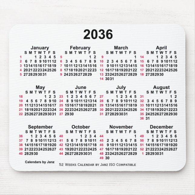 Alfombrilla De Ratón Calendario ISO de 52 semanas en blanco de 2036 de  (Frente)