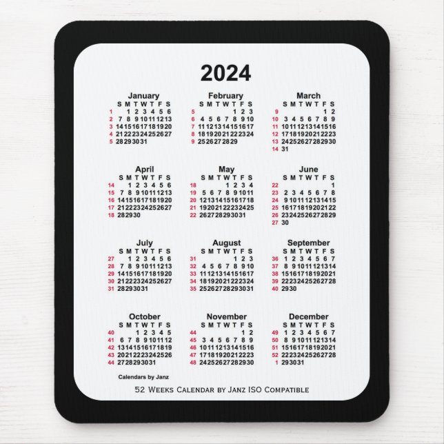 Alfombrilla De Ratón Calendario ISO de 52 semanas en negro 2024 de Janz (Frente)