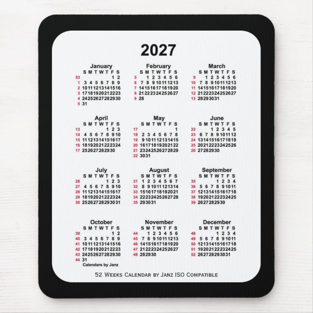 Alfombrilla De Ratón Calendario ISO de 52 semanas en negro 2027 de Janz (Frente)