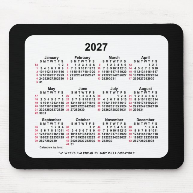 Alfombrilla De Ratón Calendario ISO de 52 semanas en negro 2027 de Janz (Frente)