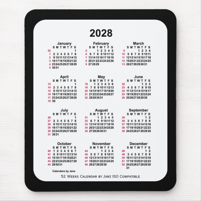 Alfombrilla De Ratón Calendario ISO de 52 semanas en negro 2028 de Janz (Frente)