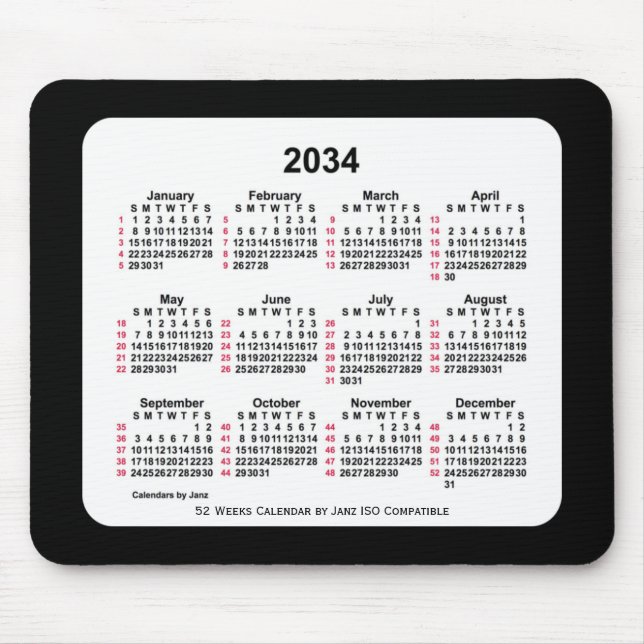 Alfombrilla De Ratón Calendario ISO de 52 semanas en negro 2034 de Janz (Frente)