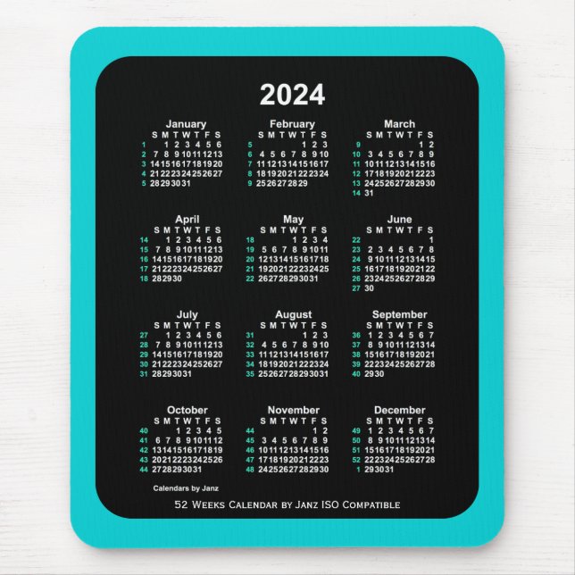 Alfombrilla De Ratón Calendario ISO Neon 2024 de 52 semanas por Janz Tw (Frente)