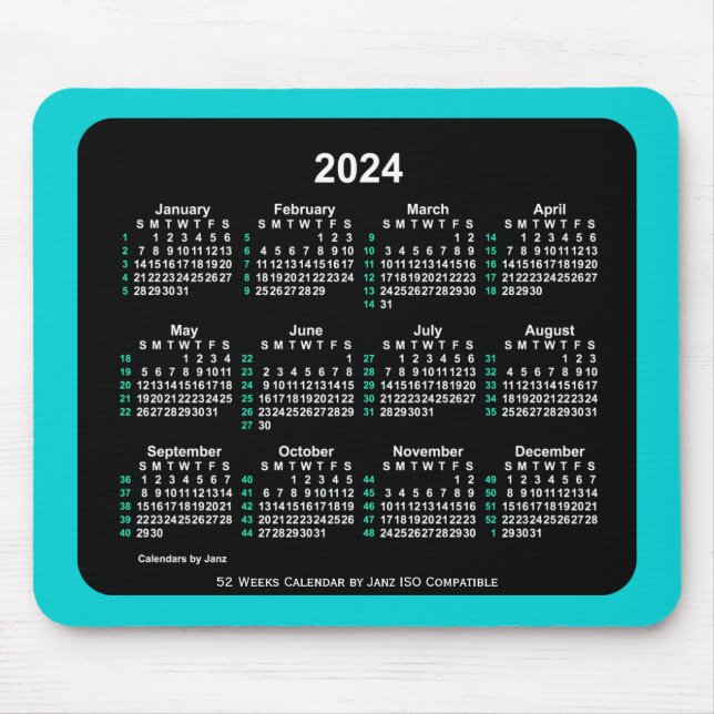Alfombrilla De Ratón Calendario ISO Neon 2024 de 52 semanas por Janz Tw (Frente)