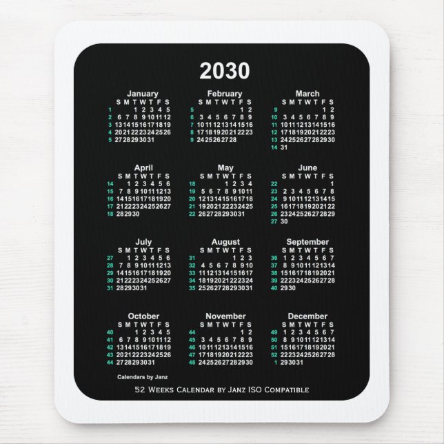 Alfombrilla De Ratón Calendario ISO Neon 2030 de 52 semanas por Janz Tw (Frente)
