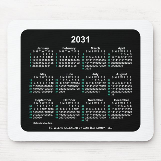 Alfombrilla De Ratón Calendario ISO Neon 2031 de 52 semanas por Janz Tw (Frente)