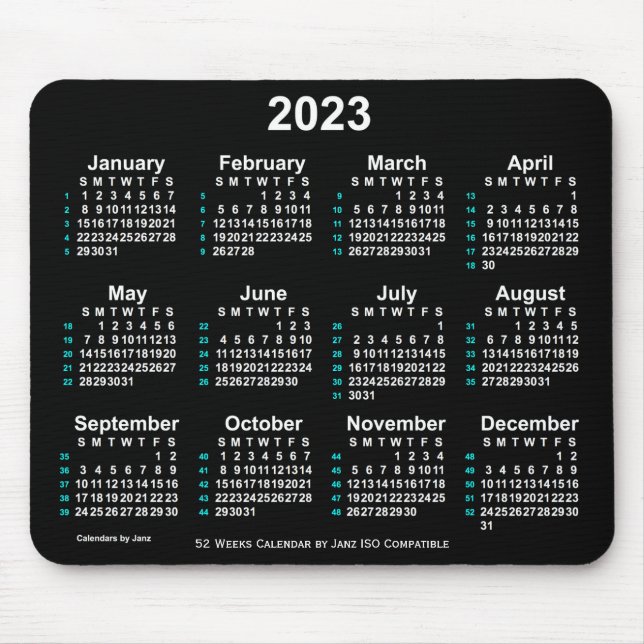 Alfombrilla De Ratón Calendario ISO Neon White de 52 semanas 2023 de Ja (Frente)