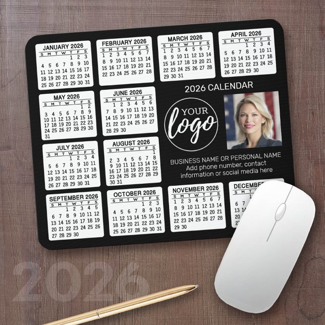 Alfombrilla De Ratón Calendario - logotipo, negocio de la fotografía (2026 Calendar with your logo or photos - Great Business Gift or Home Office Decor)