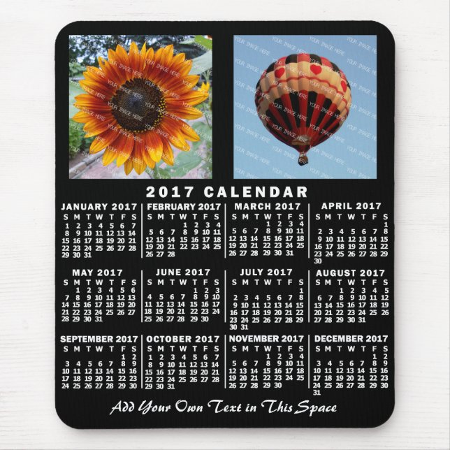Alfombrilla De Ratón Calendario mensual de 2017 Personalizado negro 2 f (Frente)