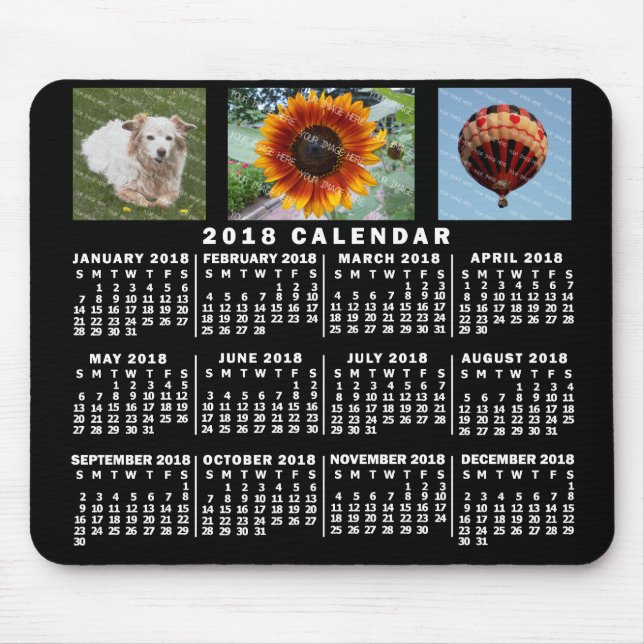 Alfombrilla De Ratón Calendario mensual de 2018 Personalizado negro 3 f (Frente)