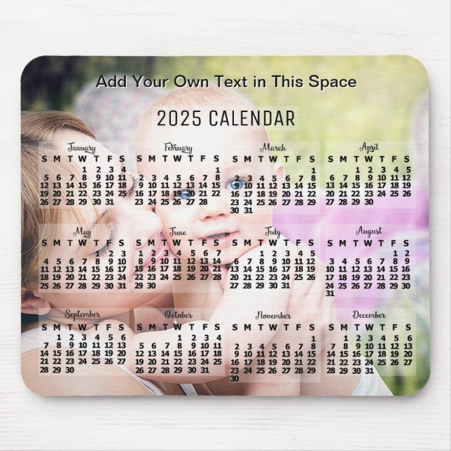 Alfombrilla De Ratón Calendario mensual de 2025 años Texto negro Añadir (Frente)