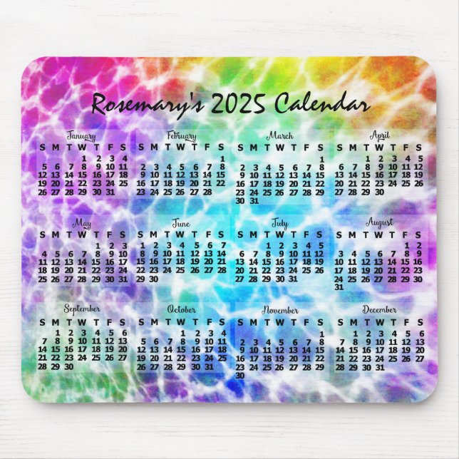 Alfombrilla De Ratón Calendario mensual de 2025 Tiedye Hippie Arcoiris (Frente)
