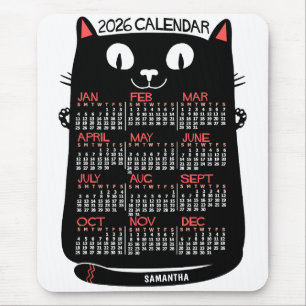Alfombrilla De Ratón Calendario Mensual del Año 2026 Gato Negro de Esti