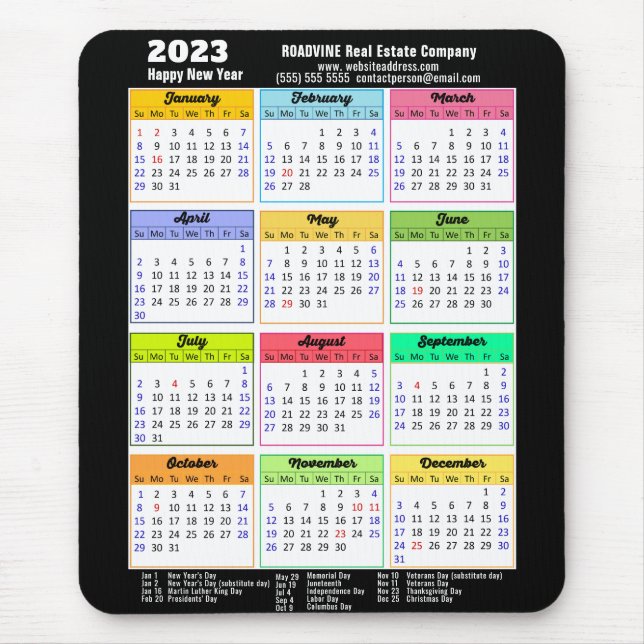 Alfombrilla De Ratón Calendario moderno 2023 con asuntos de vacaciones  (Frente)