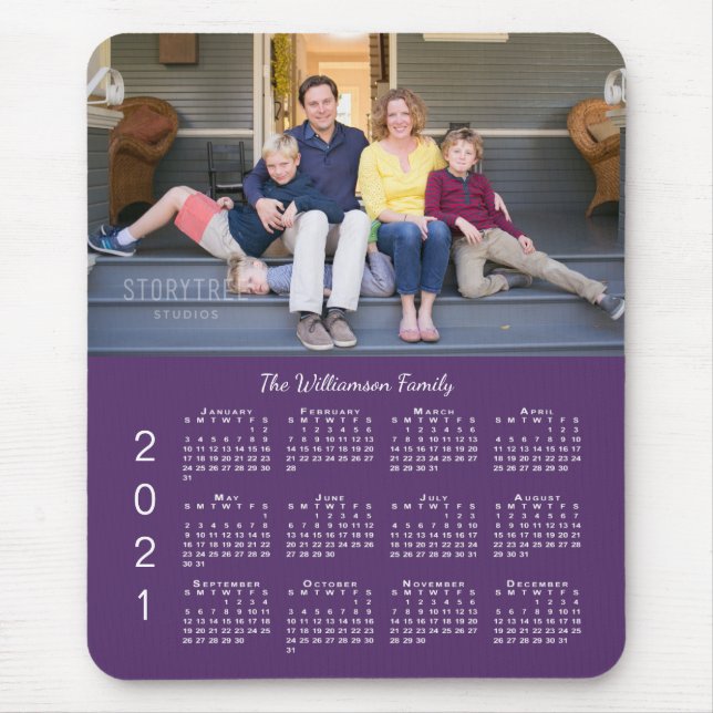 Alfombrilla De Ratón Calendario Purple 2021 con nombre de foto personal (Frente)