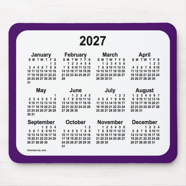 Alfombrilla De Ratón Calendario púrpura y blanco 2027 de Janz Two Tone (Frente)