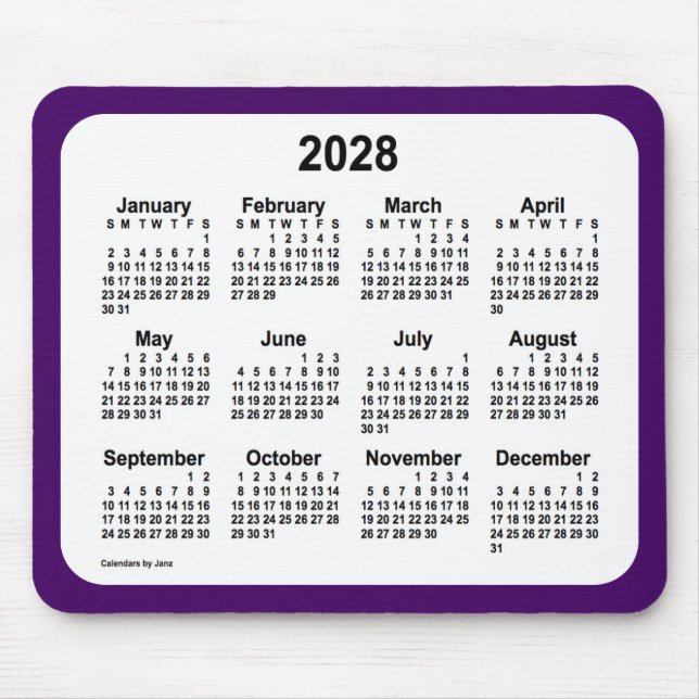 Alfombrilla De Ratón Calendario púrpura y blanco 2028 de Janz Two Tone (Frente)