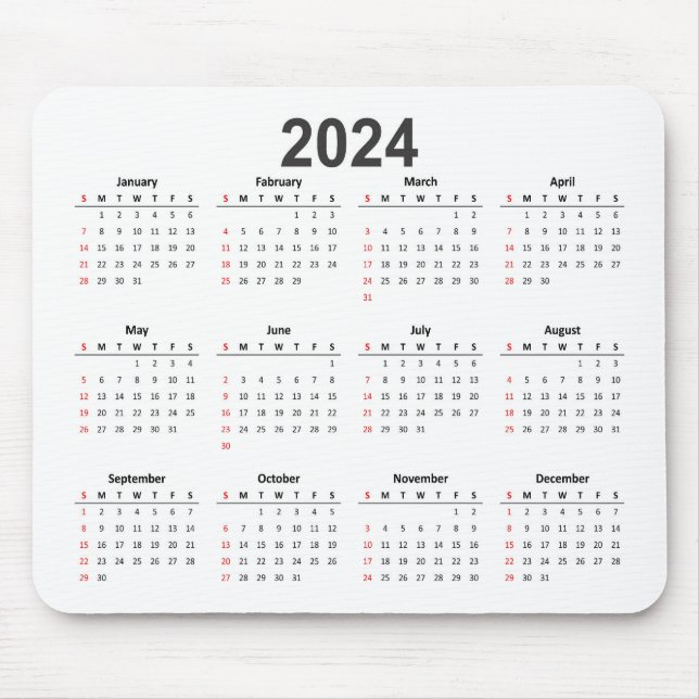 Alfombrilla De Ratón Calendario sencillo de fondo blanco 2024 (Frente)
