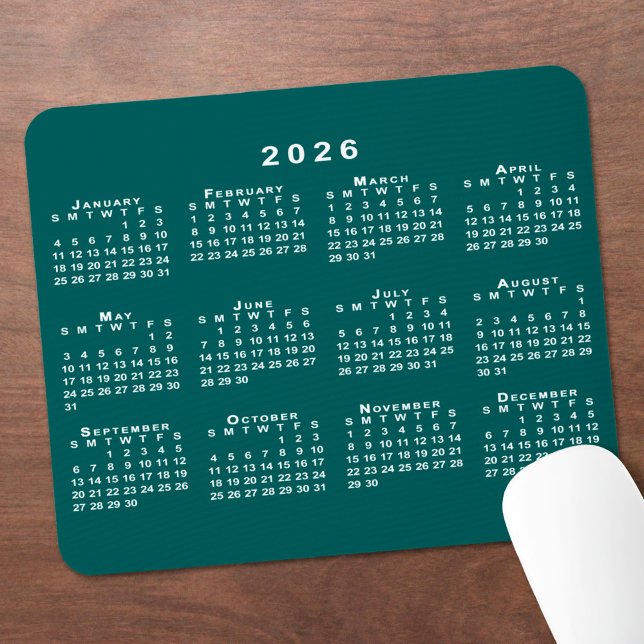 Alfombrilla De Ratón Calendario simple azul-verde y blanco 2026 (Simple Blue-Green and White 2026 Calendar Mouse Pad, in situ)