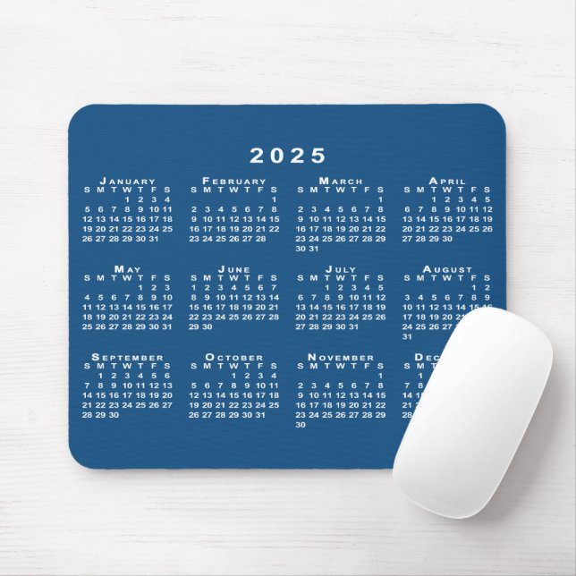 Alfombrilla De Ratón Calendario simple azul y blanco 2025 (Con ratón)