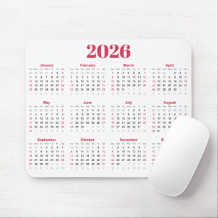 Alfombrilla De Ratón Calendario simple rojo y blanco 2026