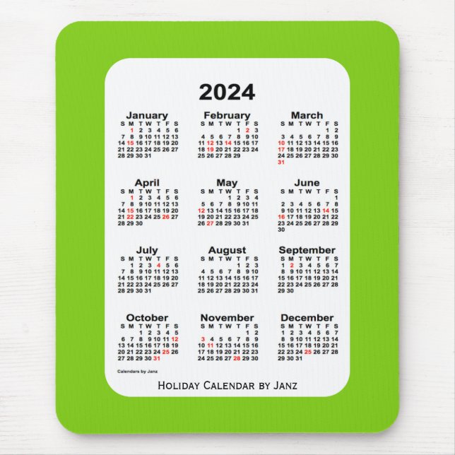 Alfombrilla De Ratón Calendario Verde Amarillo de Navidad 2024, de Janz (Frente)